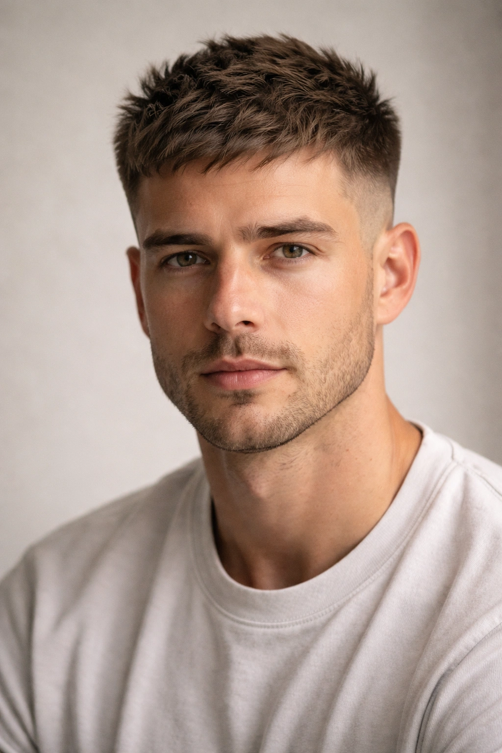 Portrait of a textured crop crew with longer textured top and tapered sides