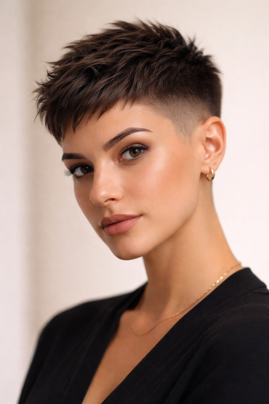 Woman with textured crop and crisp fade for professional bold look.