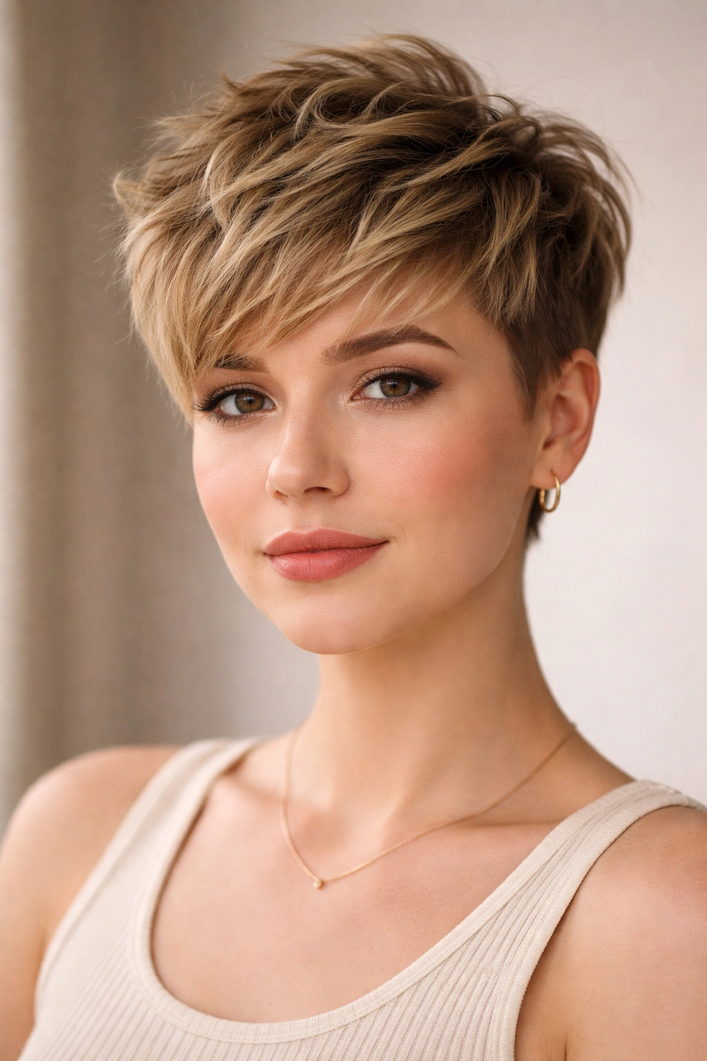 Close-up of a person with a textured crop featuring crown volume and choppy top layers, short sides.
