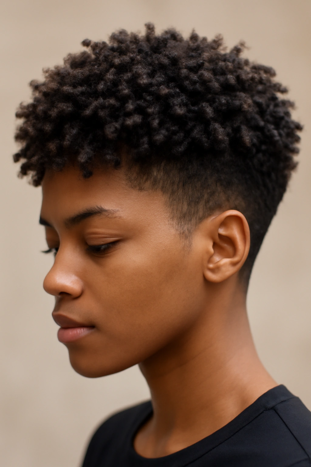 Close-up of textured crop with longer top curls and tapered sides