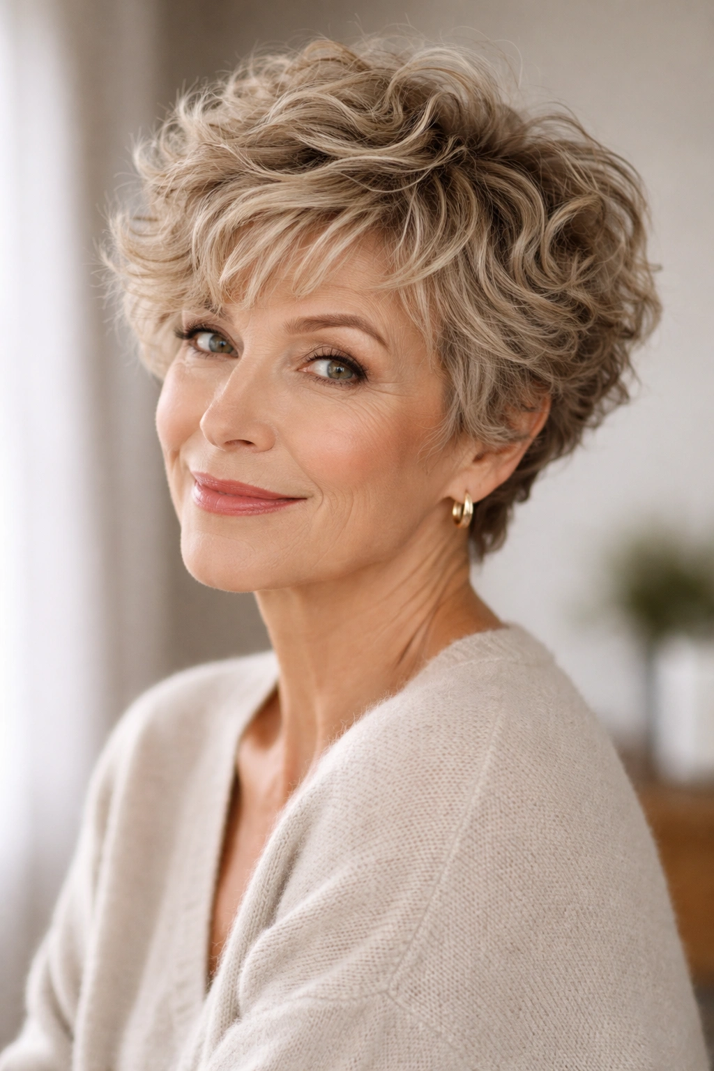 Short textured crop with soft curls adding volume and movement