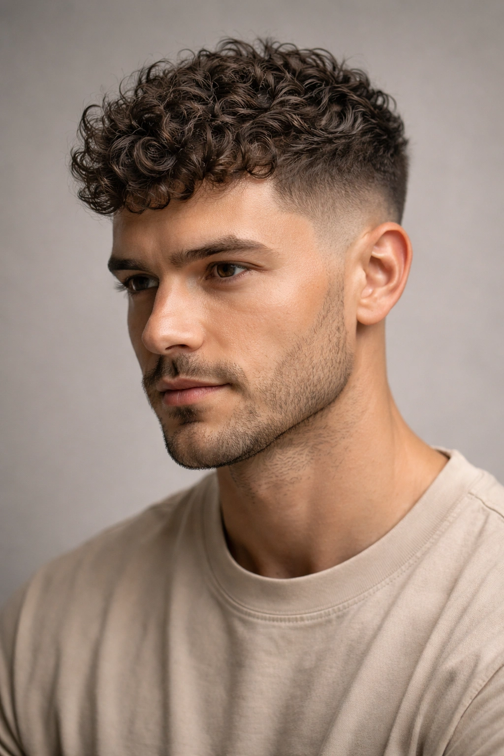 Close-up portrait of a man with a textured crop showing defined curls on top and short sides