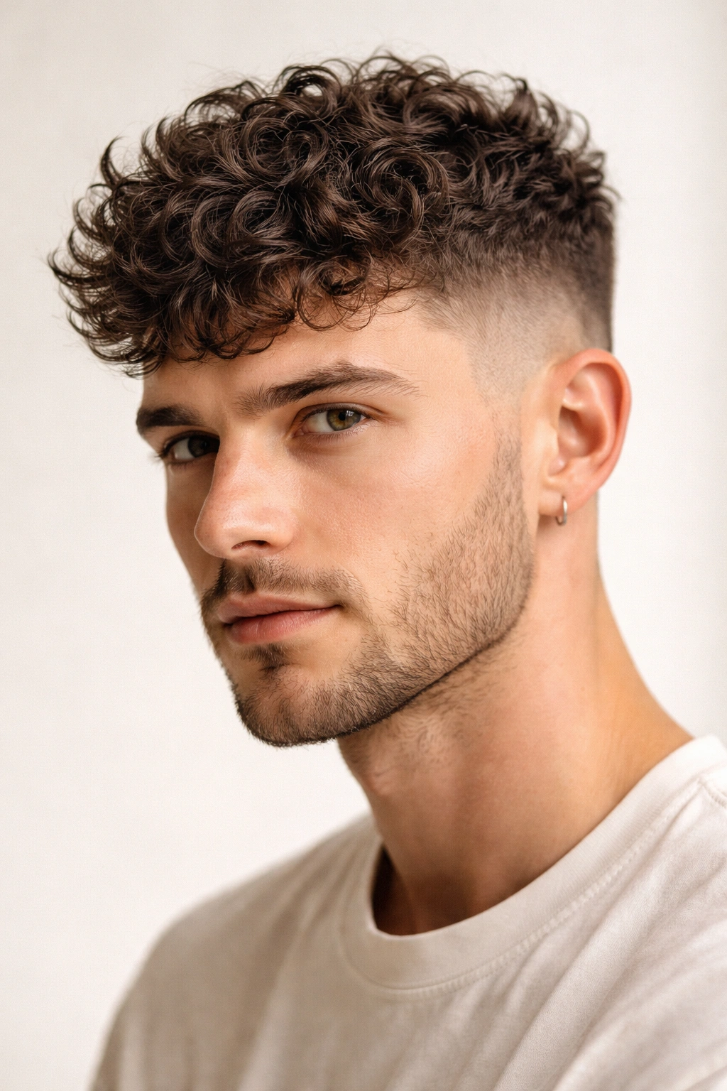 Close-up portrait of a person with a textured crop showing short sides and longer top curls.
