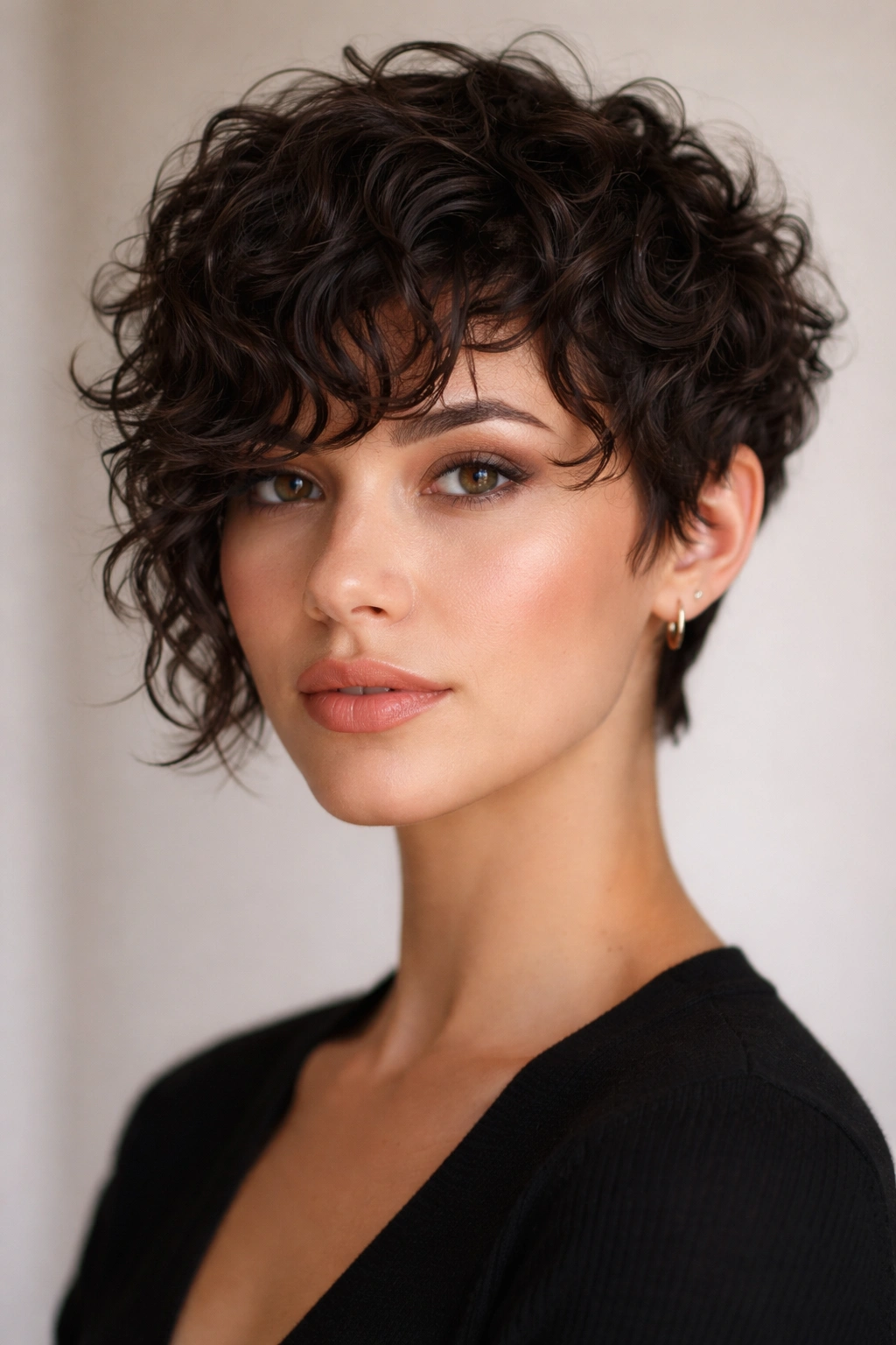 Close-up of a curly-haired person with a textured crop and longer front pieces framing the jaw