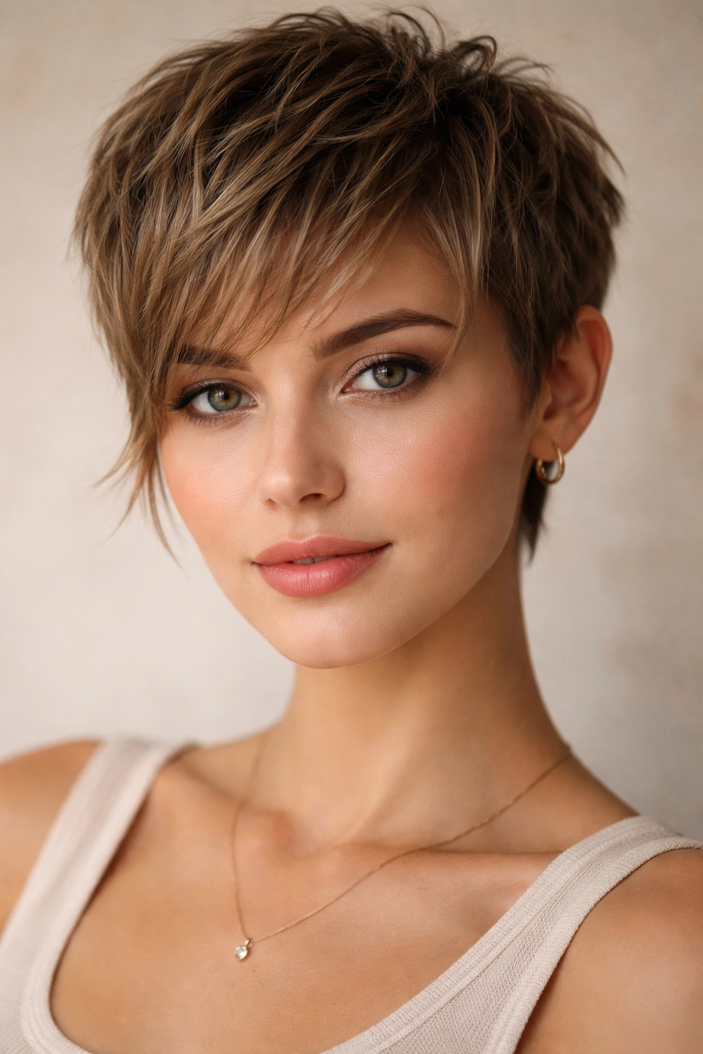 Textured crop showing face-framing pieces at temples and cheeks.