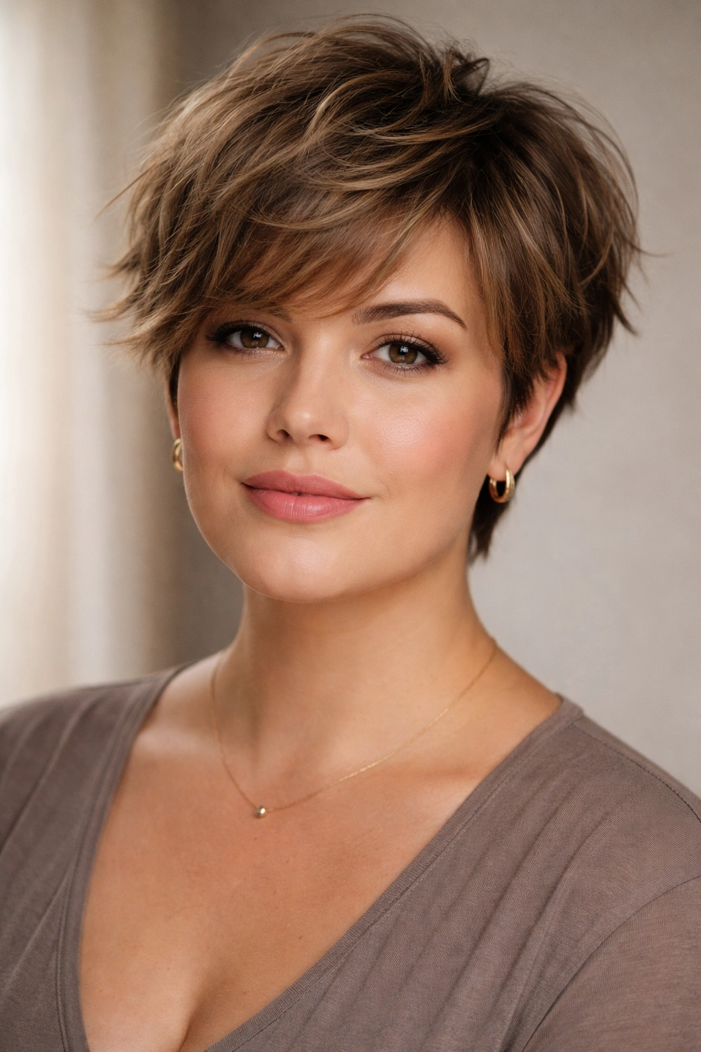 Close-up portrait of a textured crop tailored to a unique face shape, emphasizing texture and shadow to minimize the chin