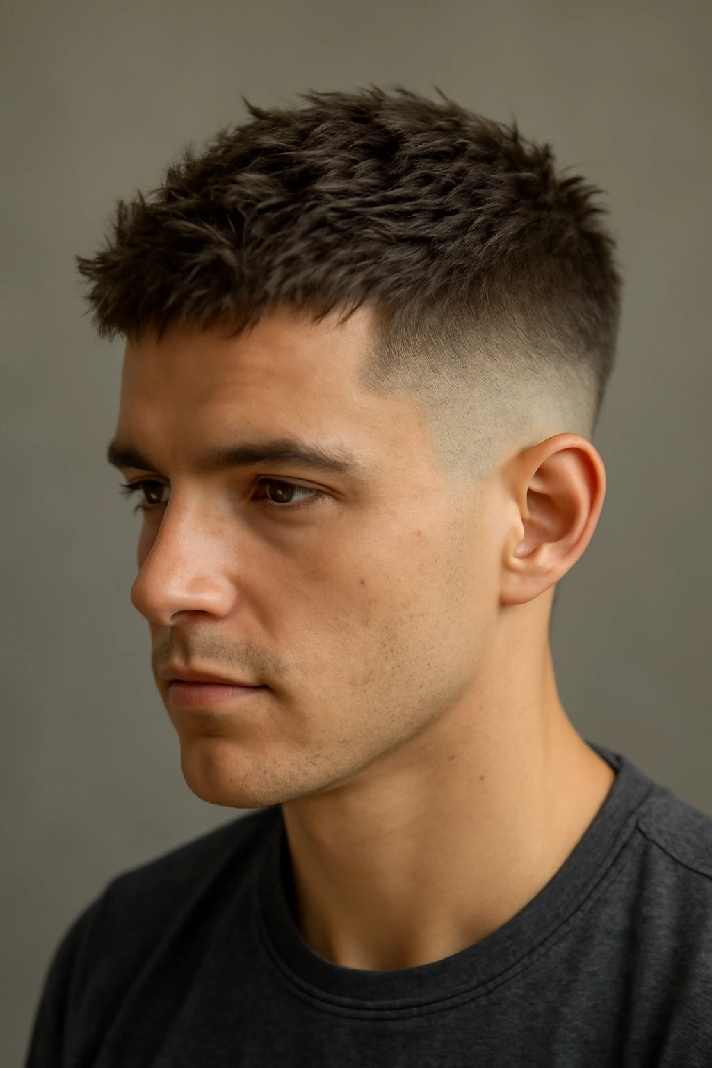 Close-up of a textured crop fade hairstyle with short sides and textured top