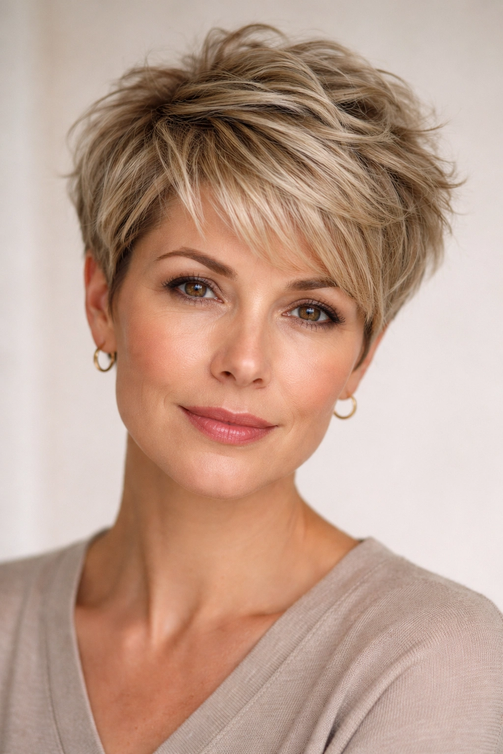 Close-up of a woman with a textured crop for fine hair with lift at roots.