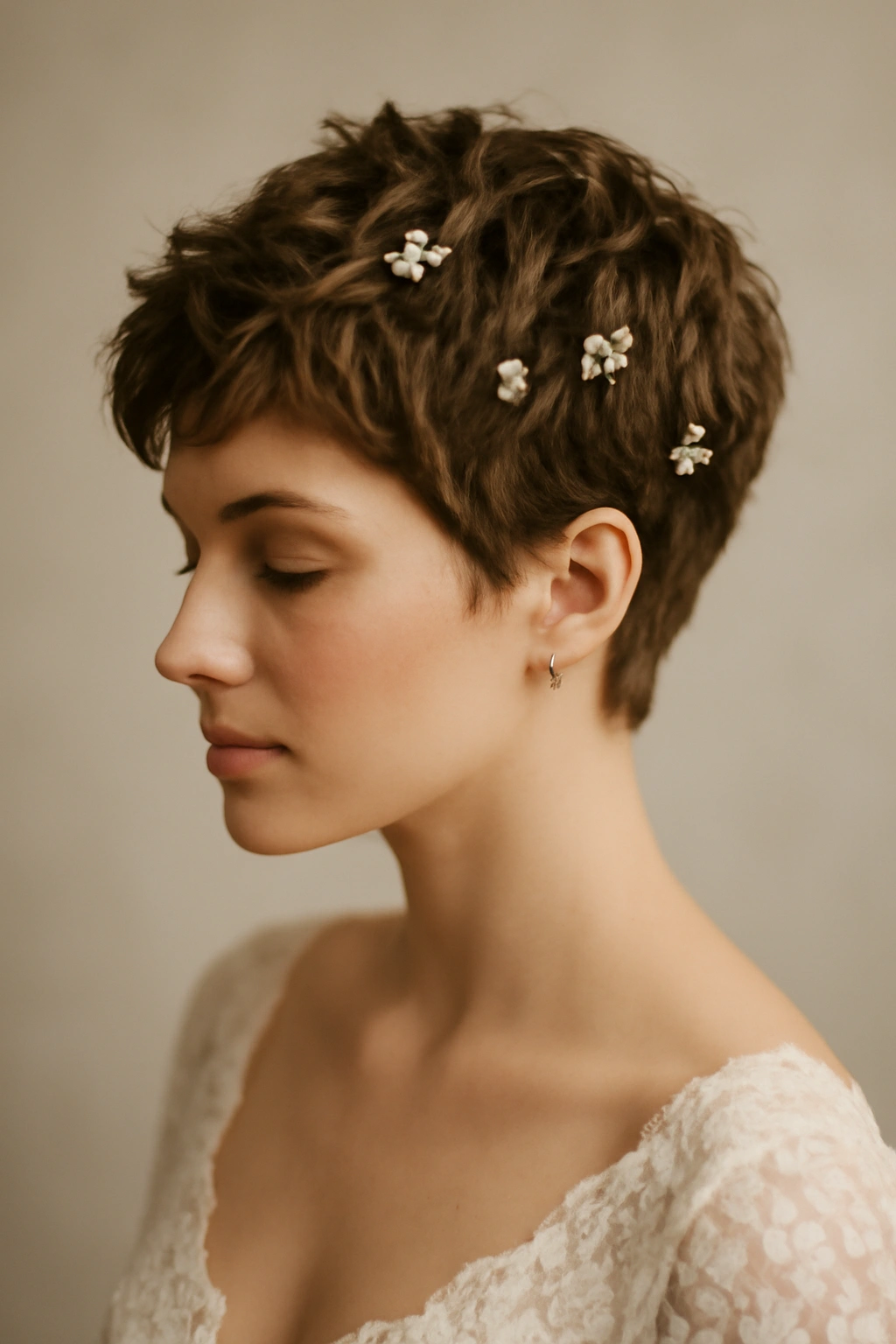 Short textured crop with delicate flowers tucked into hair.