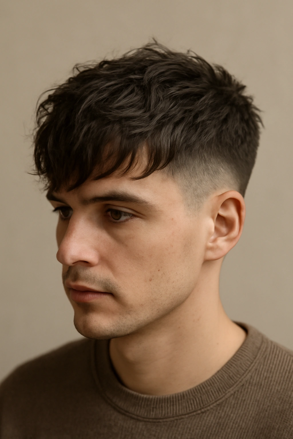 Portrait of textured crop with longer fringe across the forehead