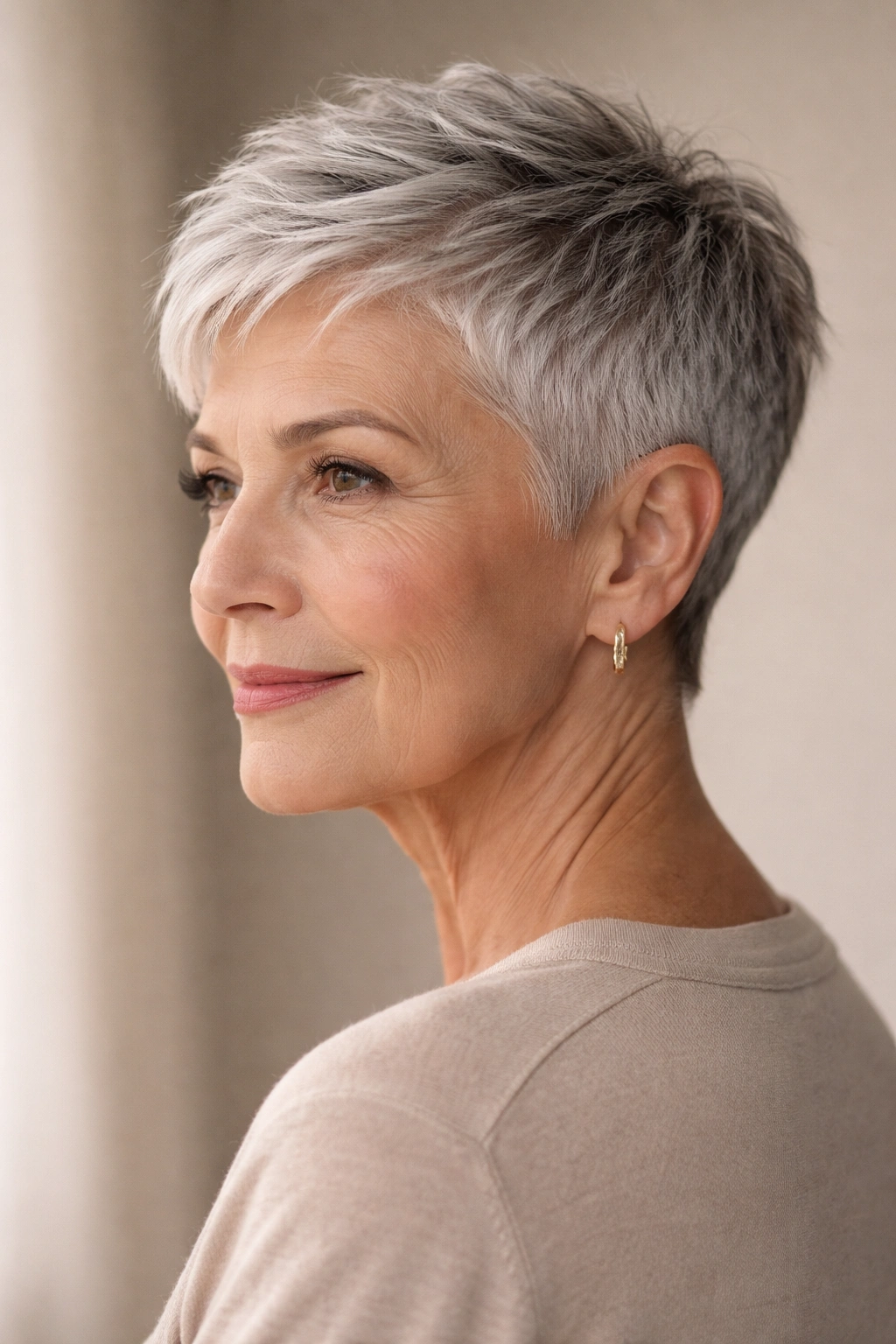 Close-up of a short textured crop with tapered sides on gray hair