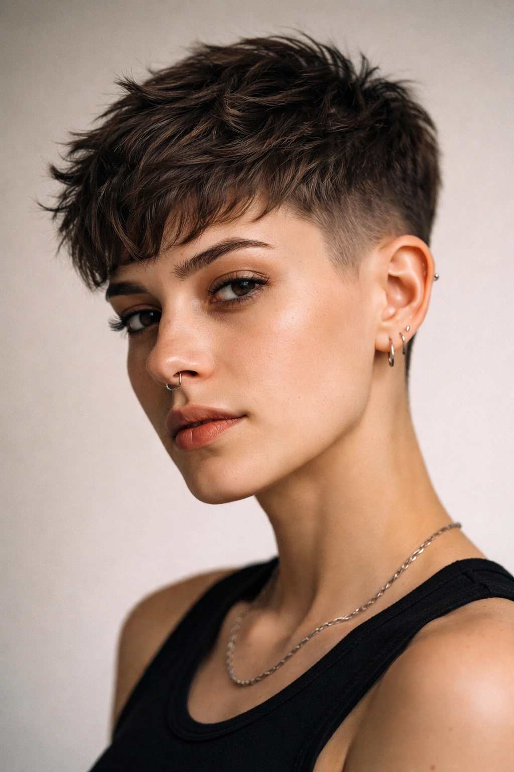 Portrait of a person with a short textured crop showing choppy texture and movement.