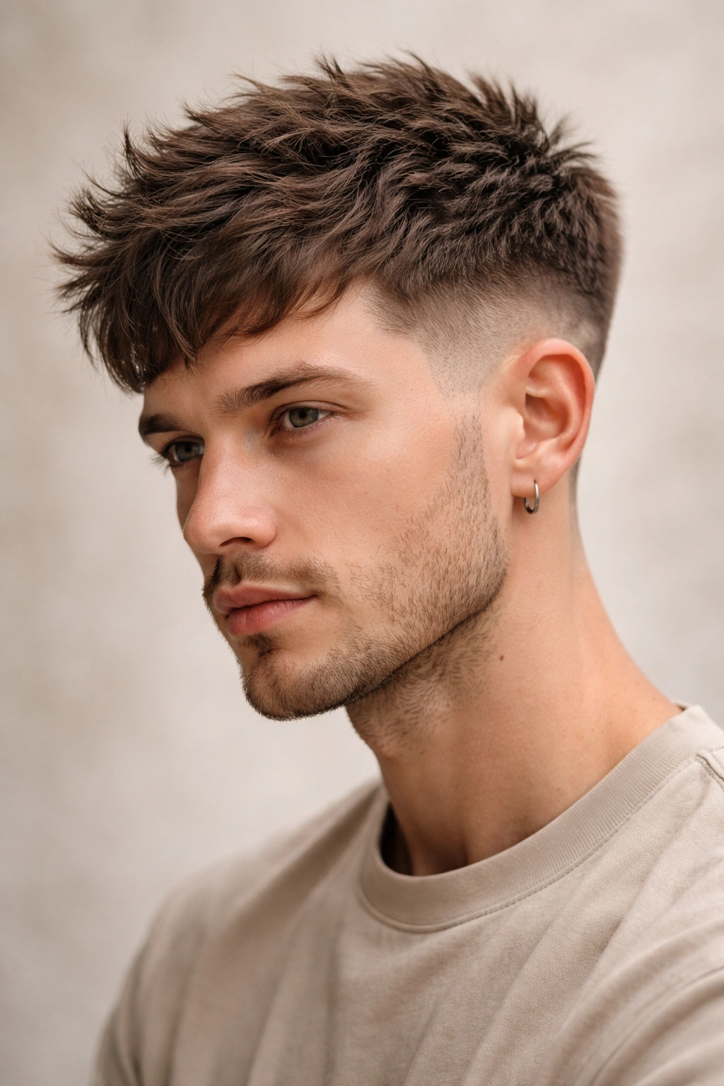 Close-up portrait of textured crop hairstyle with layered top