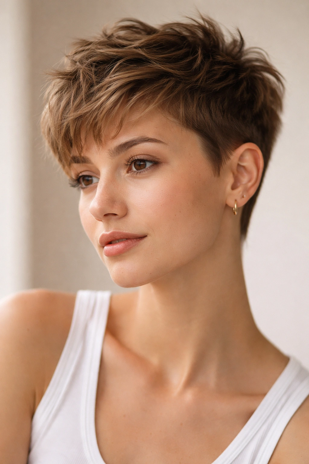 Portrait of a person with a textured crop and visible layered top in a neutral studio