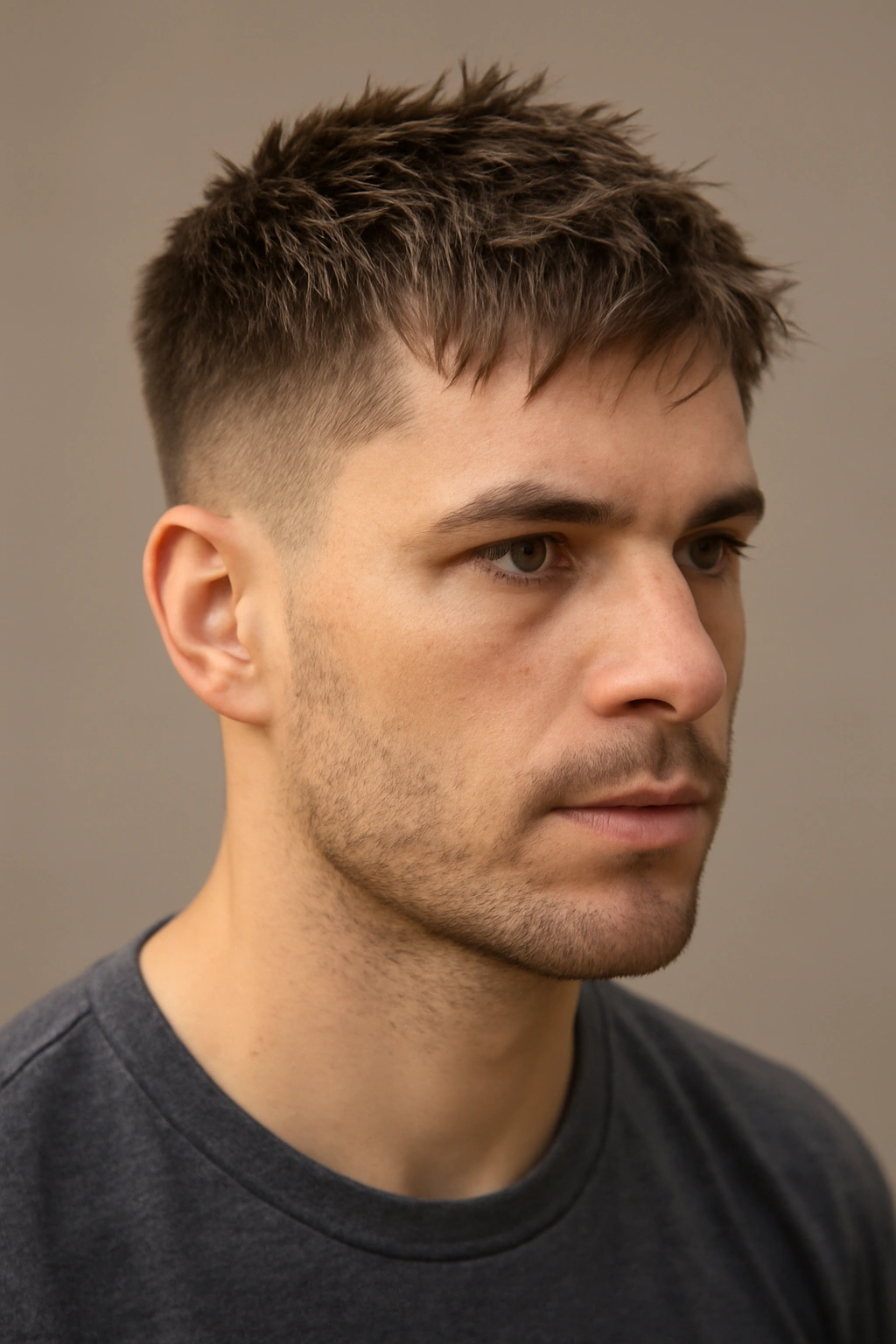 Close-up of a man with a textured crop showing short sides and a choppy top