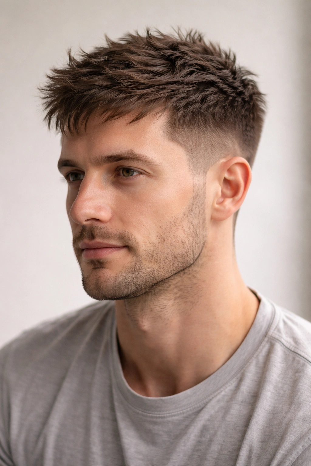 Portrait of a person with a textured crop showing layered top and short sides