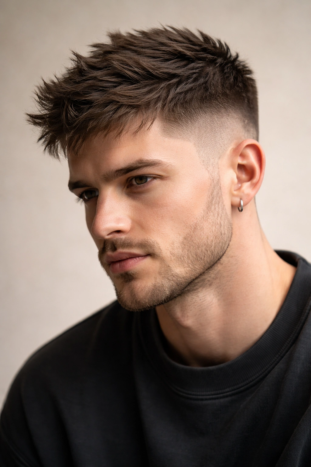 Close-up of a textured crop hairstyle with short sides and tousled top