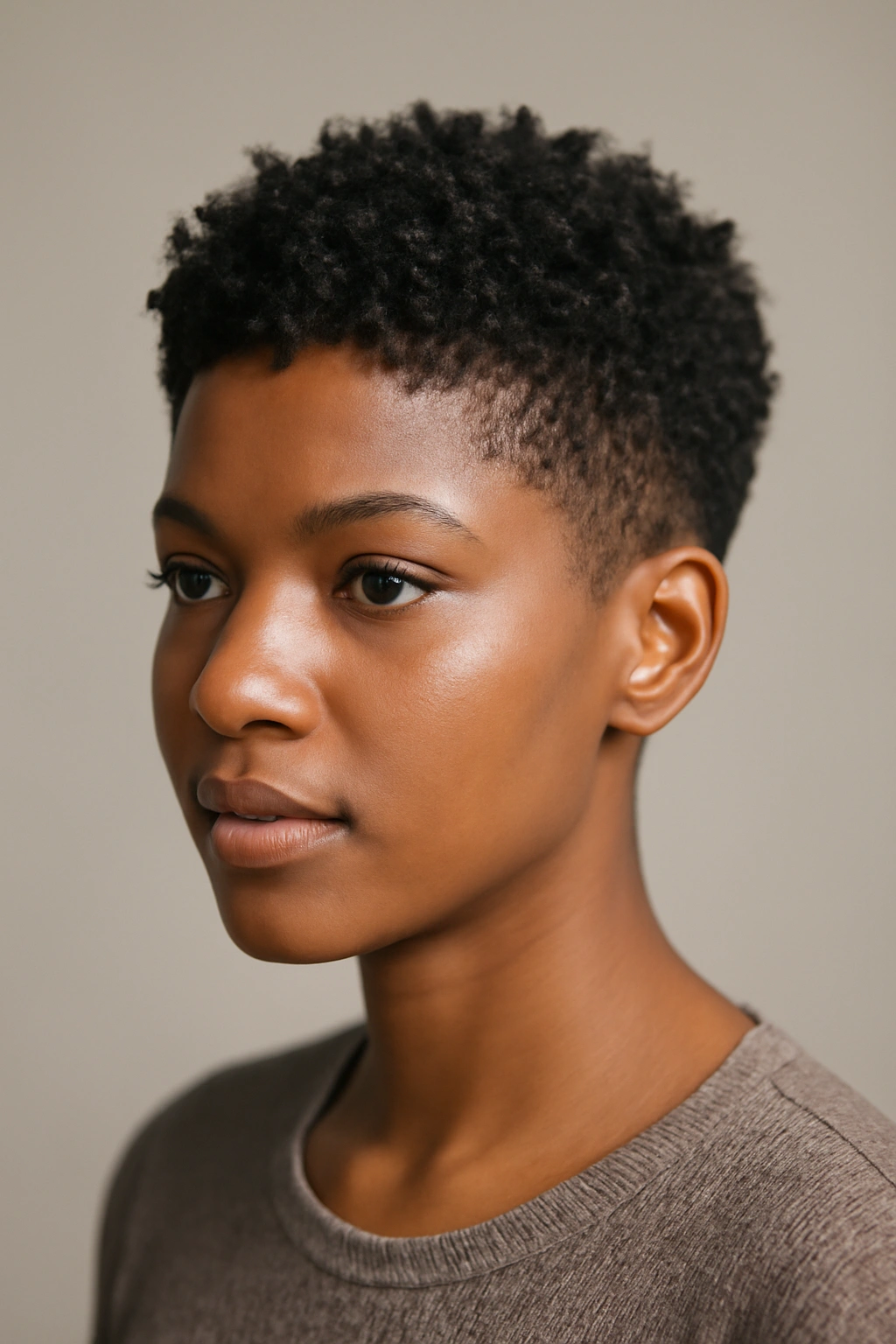 Portrait of a Black woman with a short textured crop and layered top