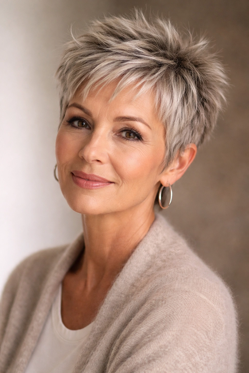 Close-up of a mature woman with a short textured crop showing layered movement.