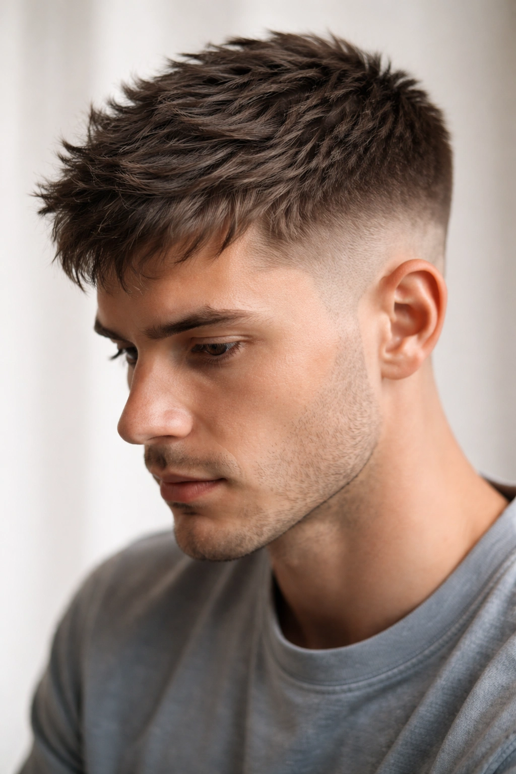 Close-up of a cropped hairstyle with very short sides and textured top