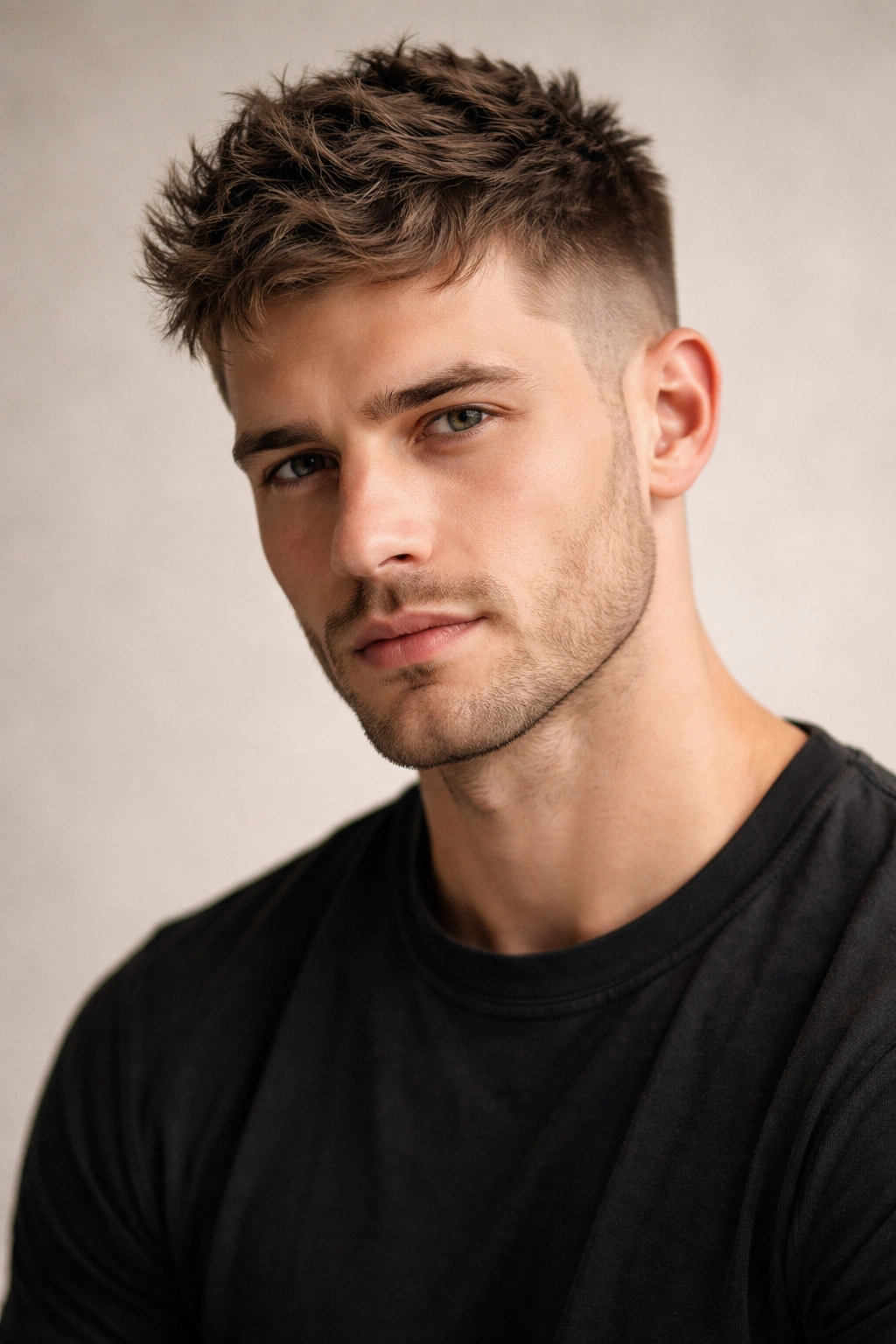 Close-up of a textured crop hairstyle with short sides and longer top
