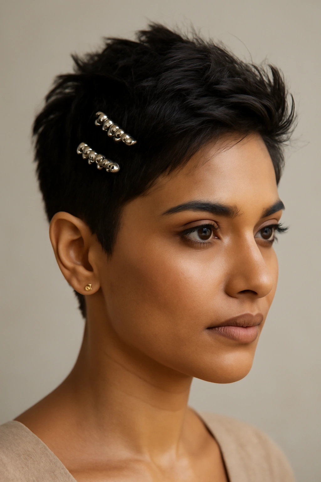 Textured crop with delicate jeweled clips on crown