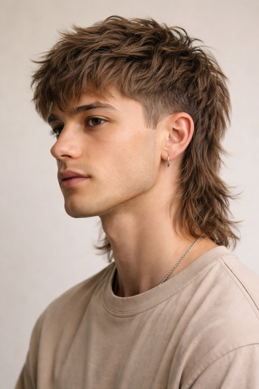 Close-up portrait of a person with a textured crop mullet showing a short crown and longer feathered back