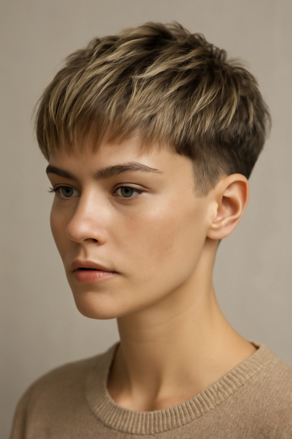 Close-up of a textured crop with subtle blonde ombre and dark roots