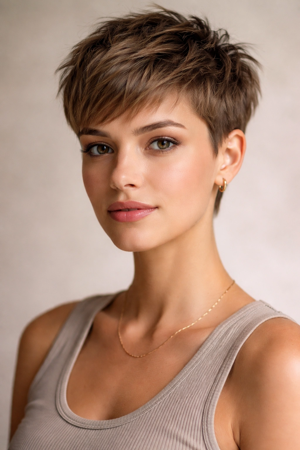 Portrait of a person with a textured crop pixie showing top texture and short sides
