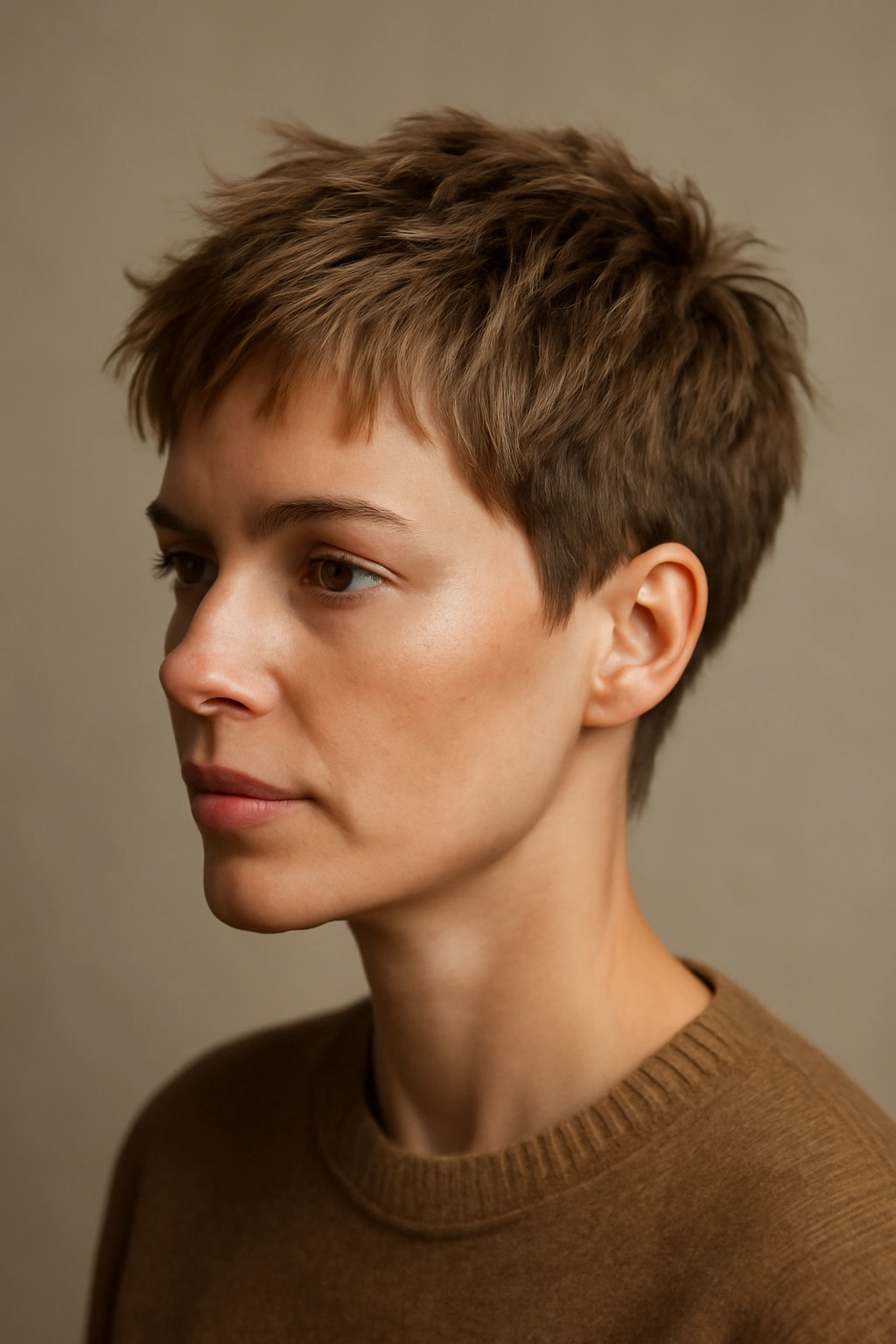 Portrait of a person with a 1-2 inch textured crop and choppy layers, highlighting volume.