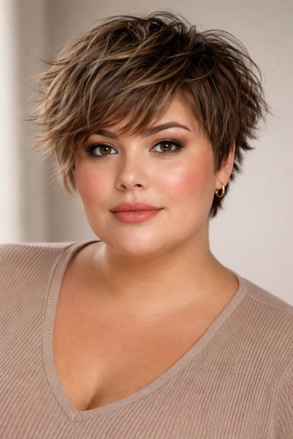 Tousled textured crop hairstyle with messy, layered hair in a studio portrait