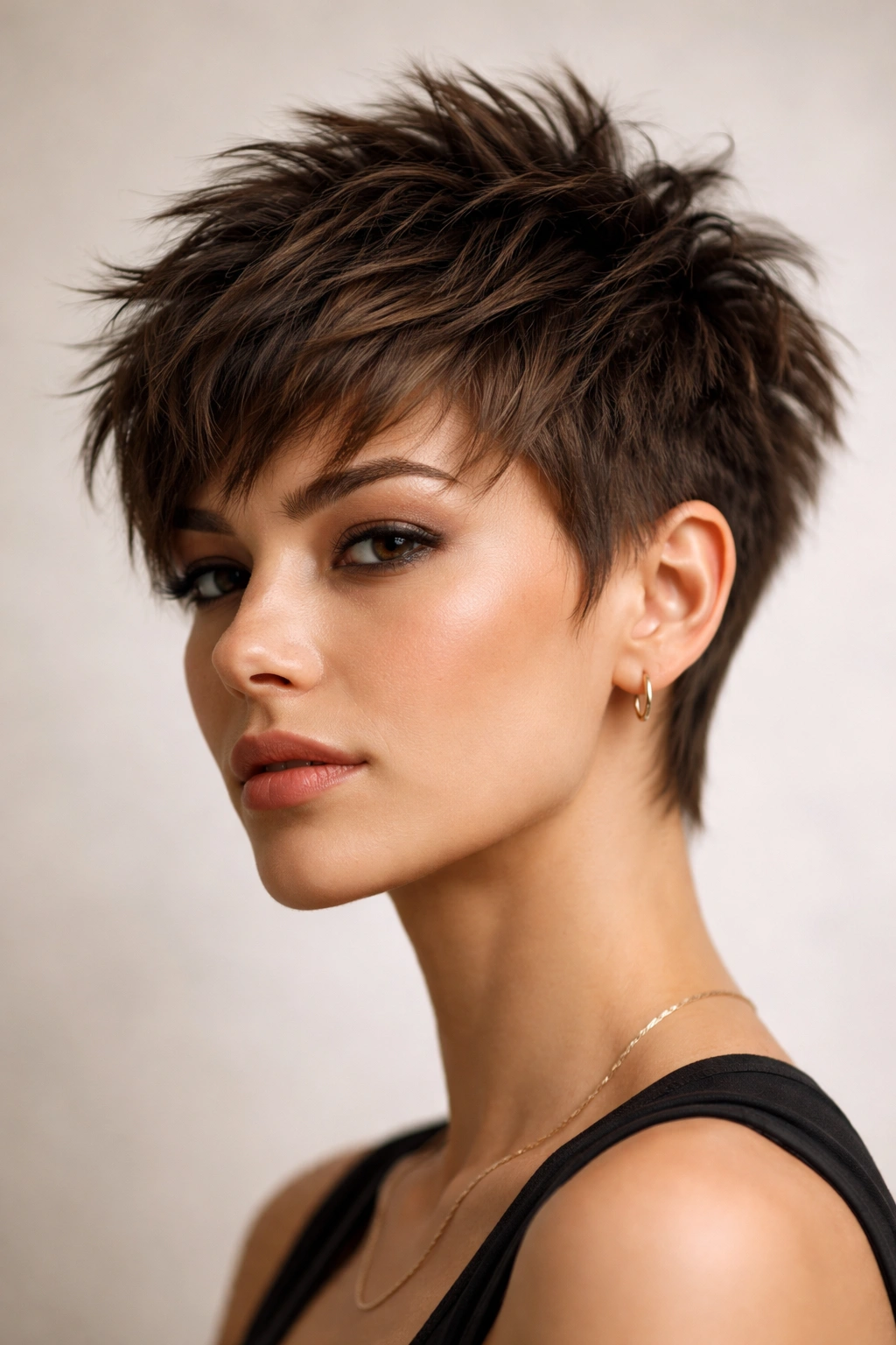 Portrait of the textured crop shag showing high crown and cropped sides.
