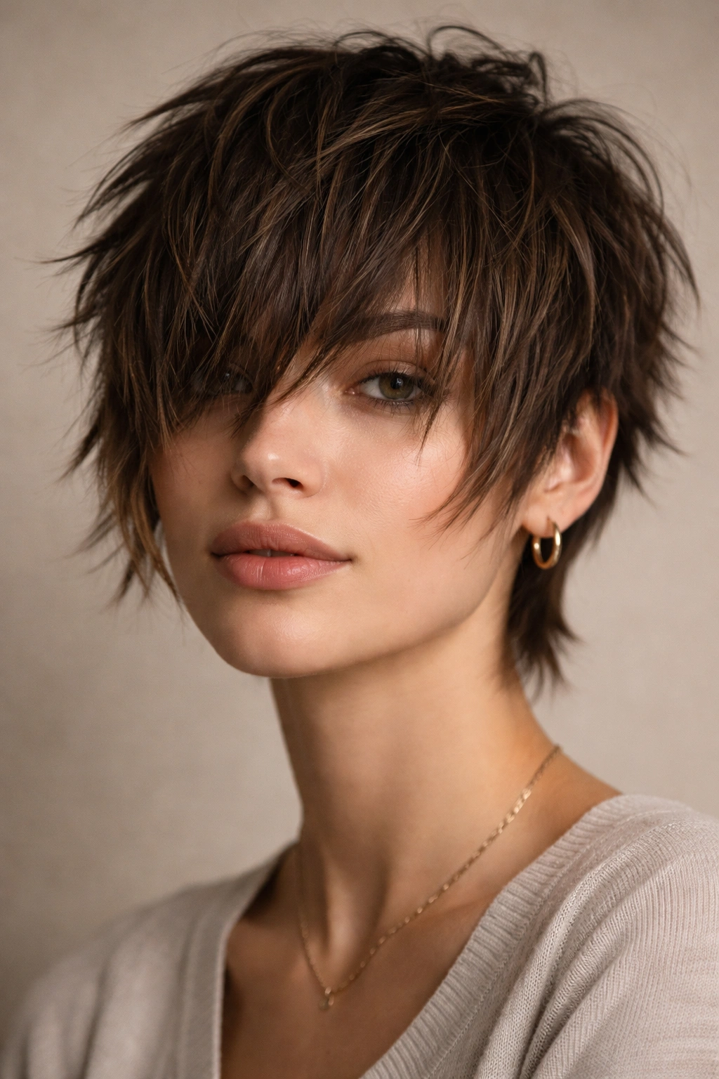 Portrait of The Textured Crop with Shaggy Bangs showing choppy layers and shaggy bangs.