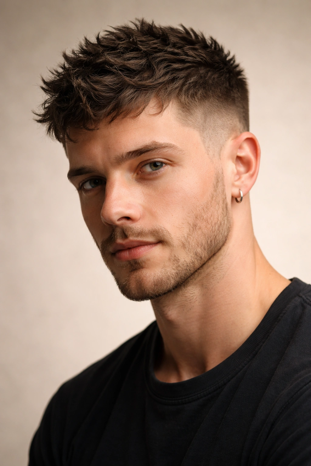 Portrait of a person with a textured crop featuring short sides and a longer, tousled top