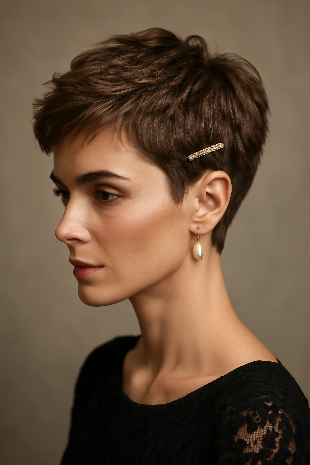 Short textured crop with a small metallic hair clip highlighting defined pieces