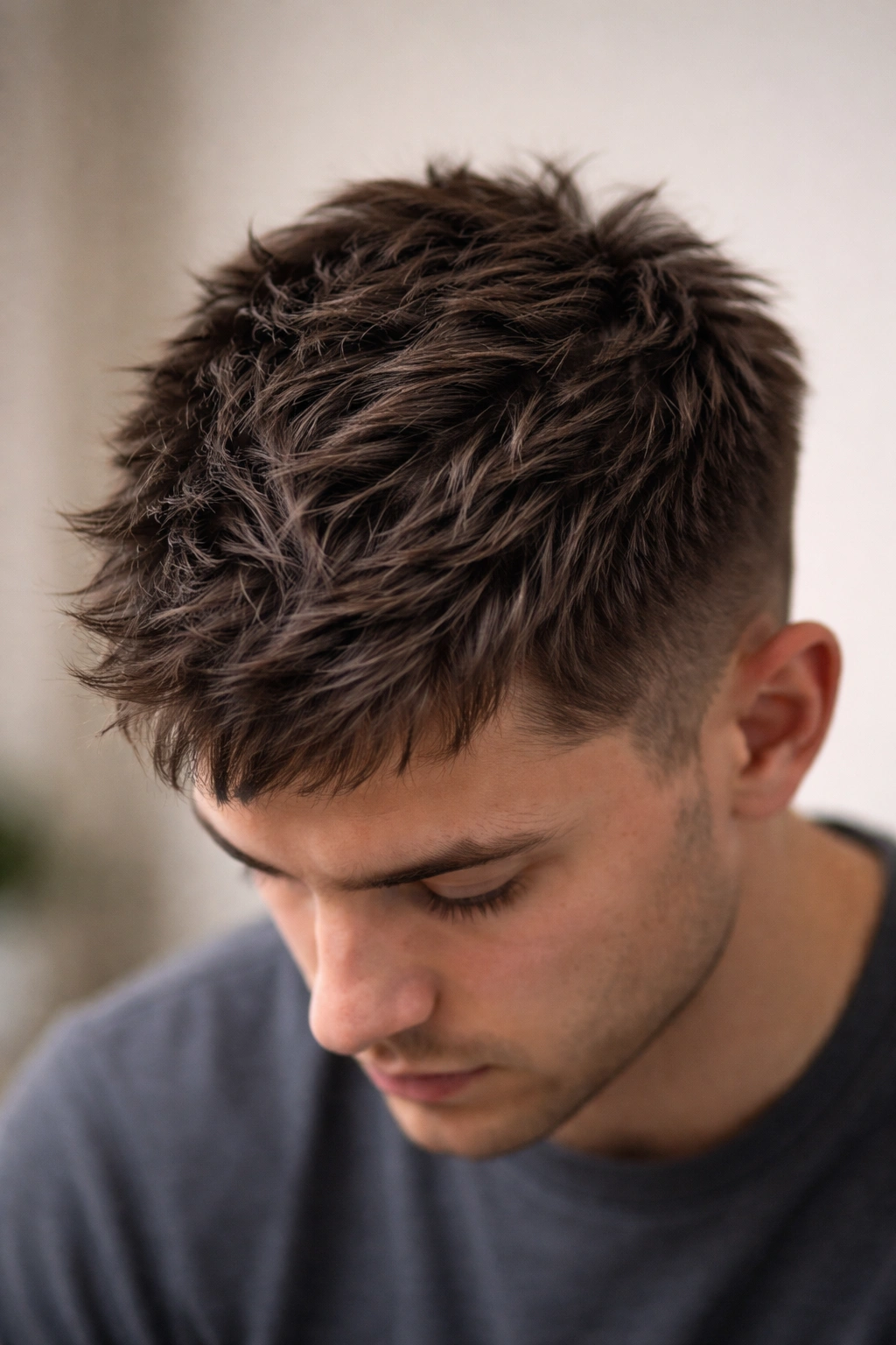 Close-up of a short textured crop with choppy crown layers hiding a cowlick