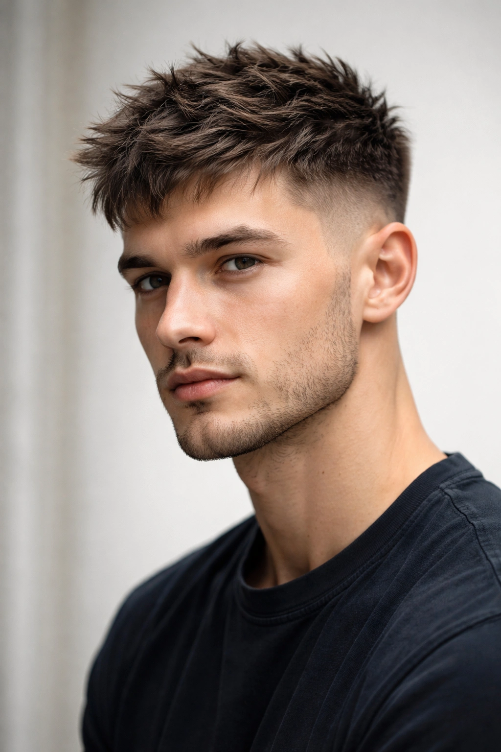 Head-and-shoulders portrait of a person with a textured crop and short sides.