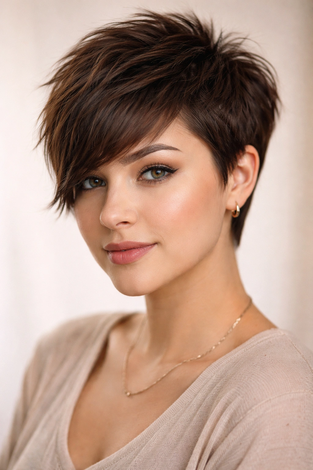 Close-up portrait of a person with textured crop and angled side bangs for round faces in studio light