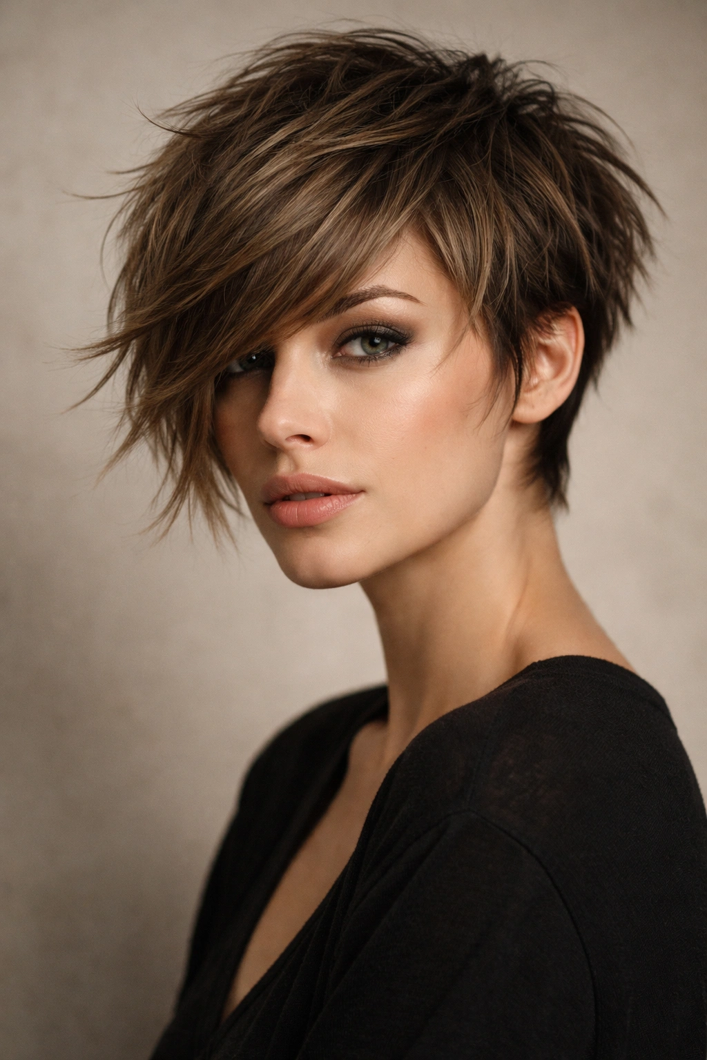 Portrait of a person with a textured crop and side-swept bangs.