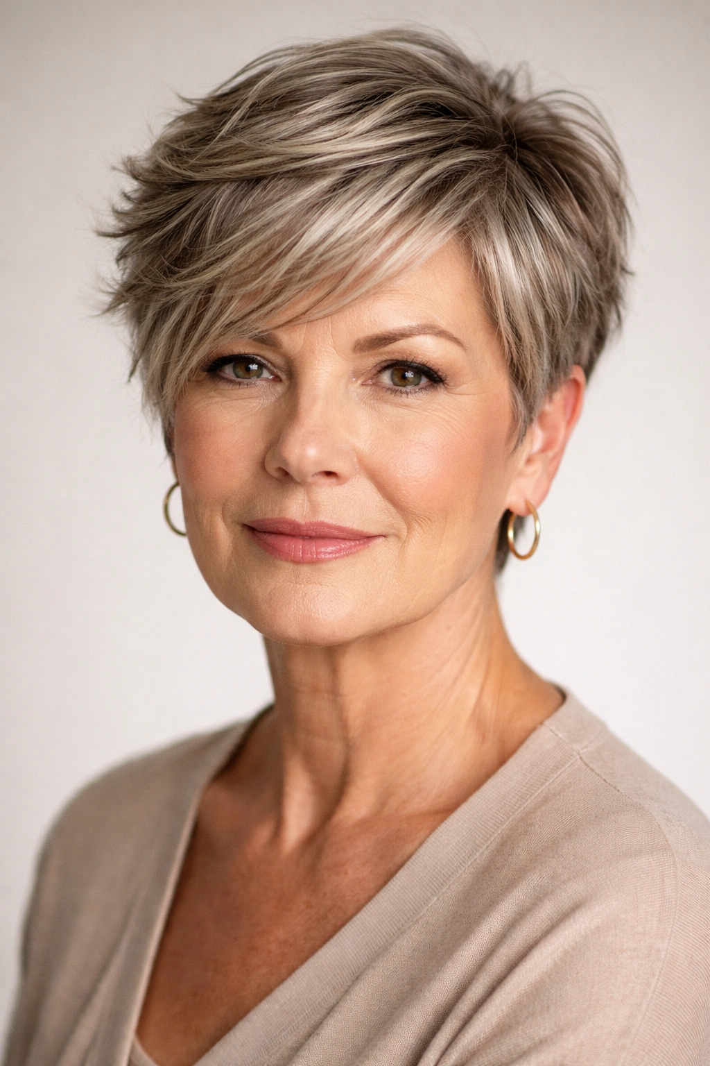Textured crop hairstyle with side sweep on a square-faced model