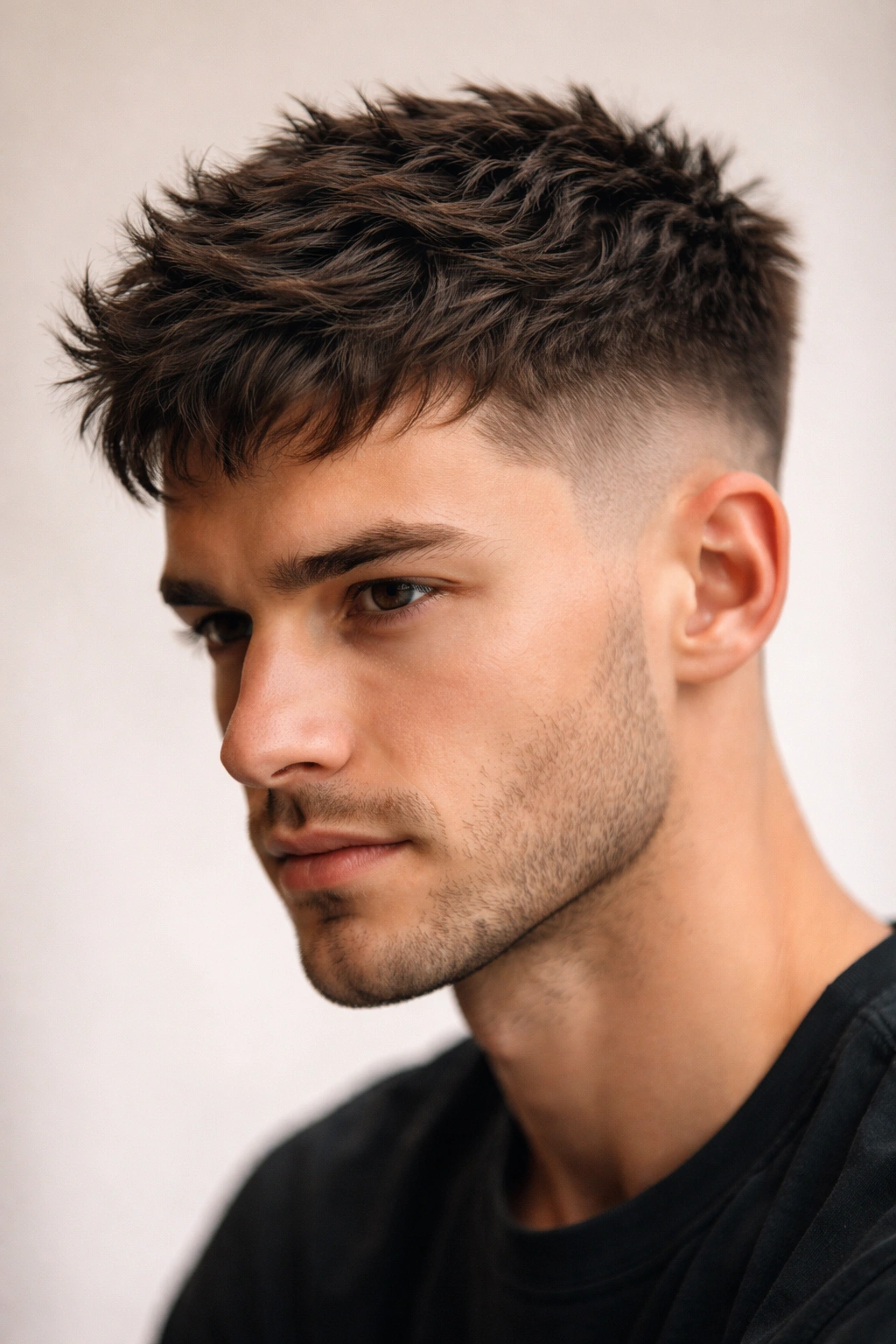 Close-up of a thick-haired head with a textured crop showing top texture