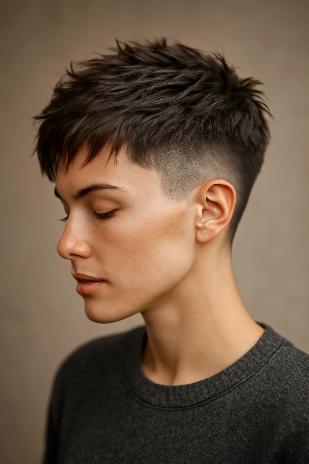Portrait of a woman with a short textured top and shaved undercut