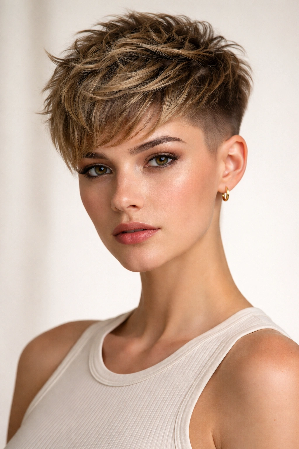 Textured crop top with undercut showing crown volume and shaved sides