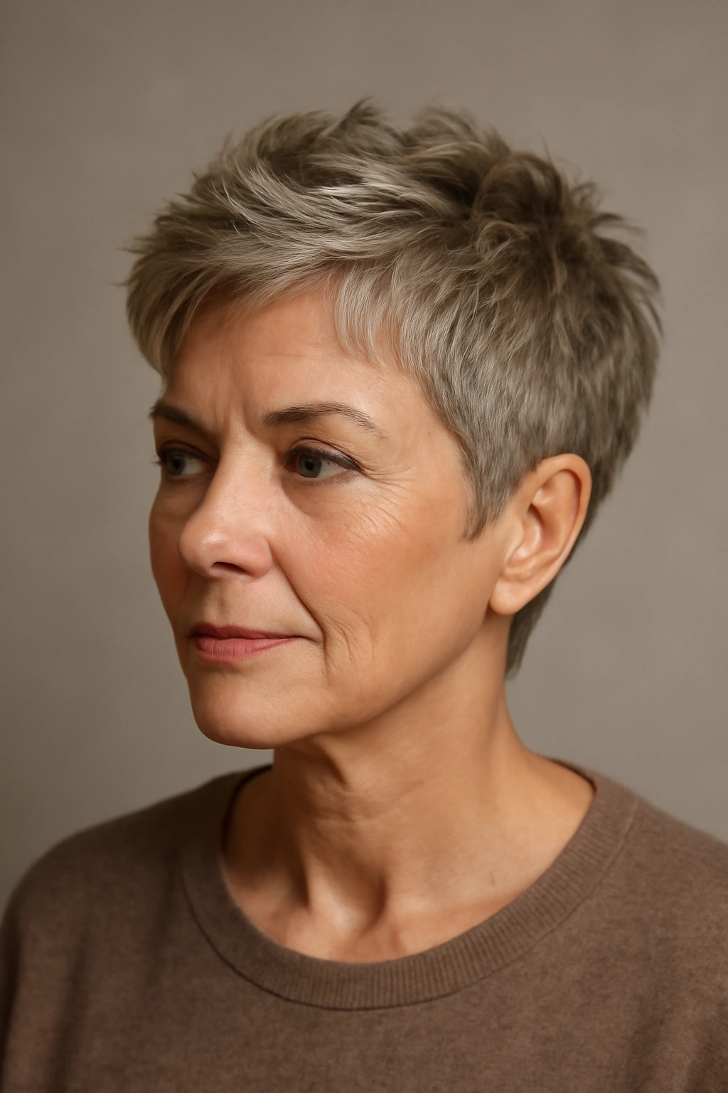 Close-up of a mature woman's textured cropped hairstyle with crown lift