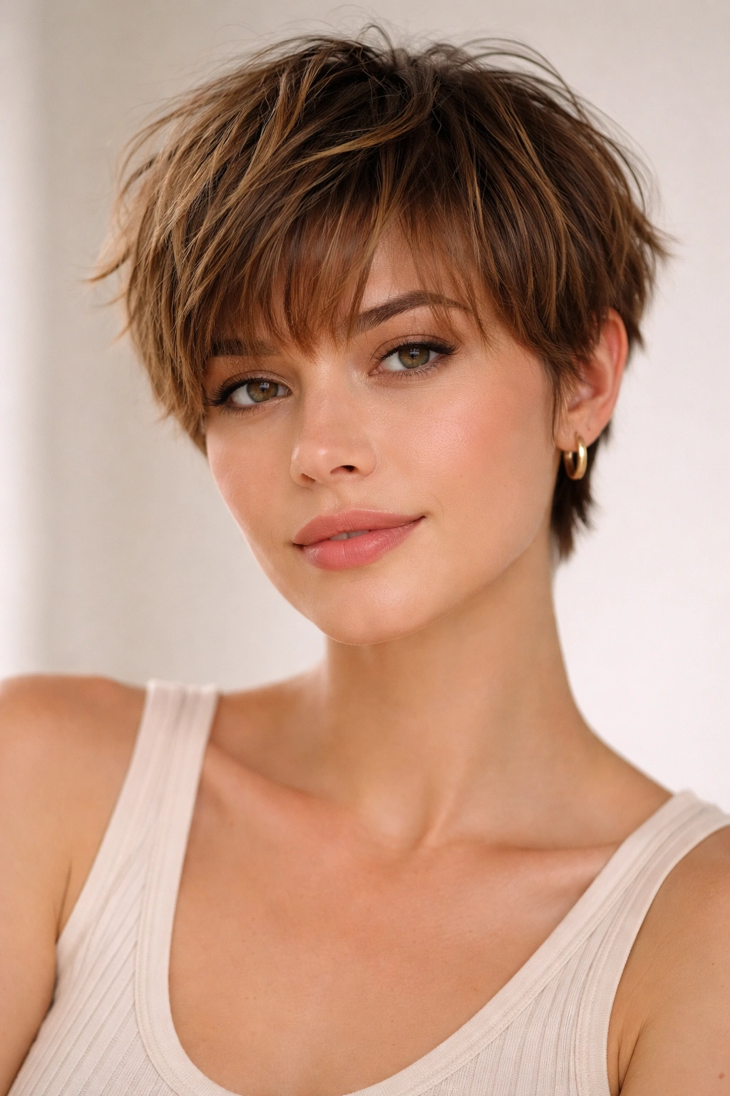 Portrait of Textured Crop with Wispy Bangs showing short textured cut and wispy bangs