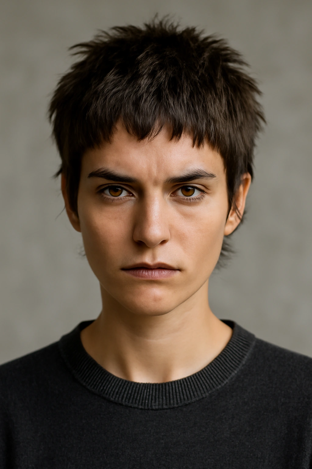 Model with a short, highly textured crop wolf cut showing pronounced chop.