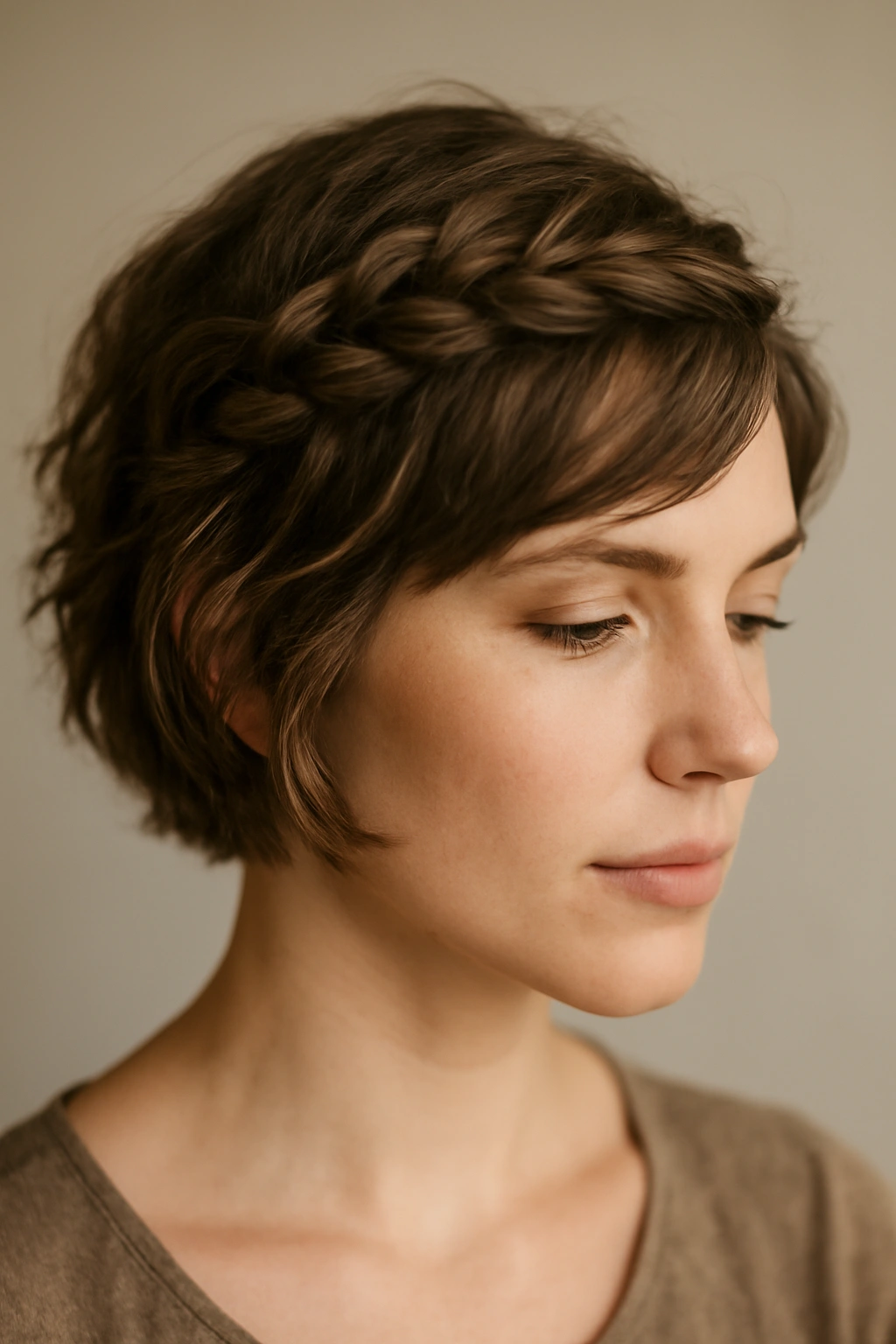 Textured crown braid short hair portrait