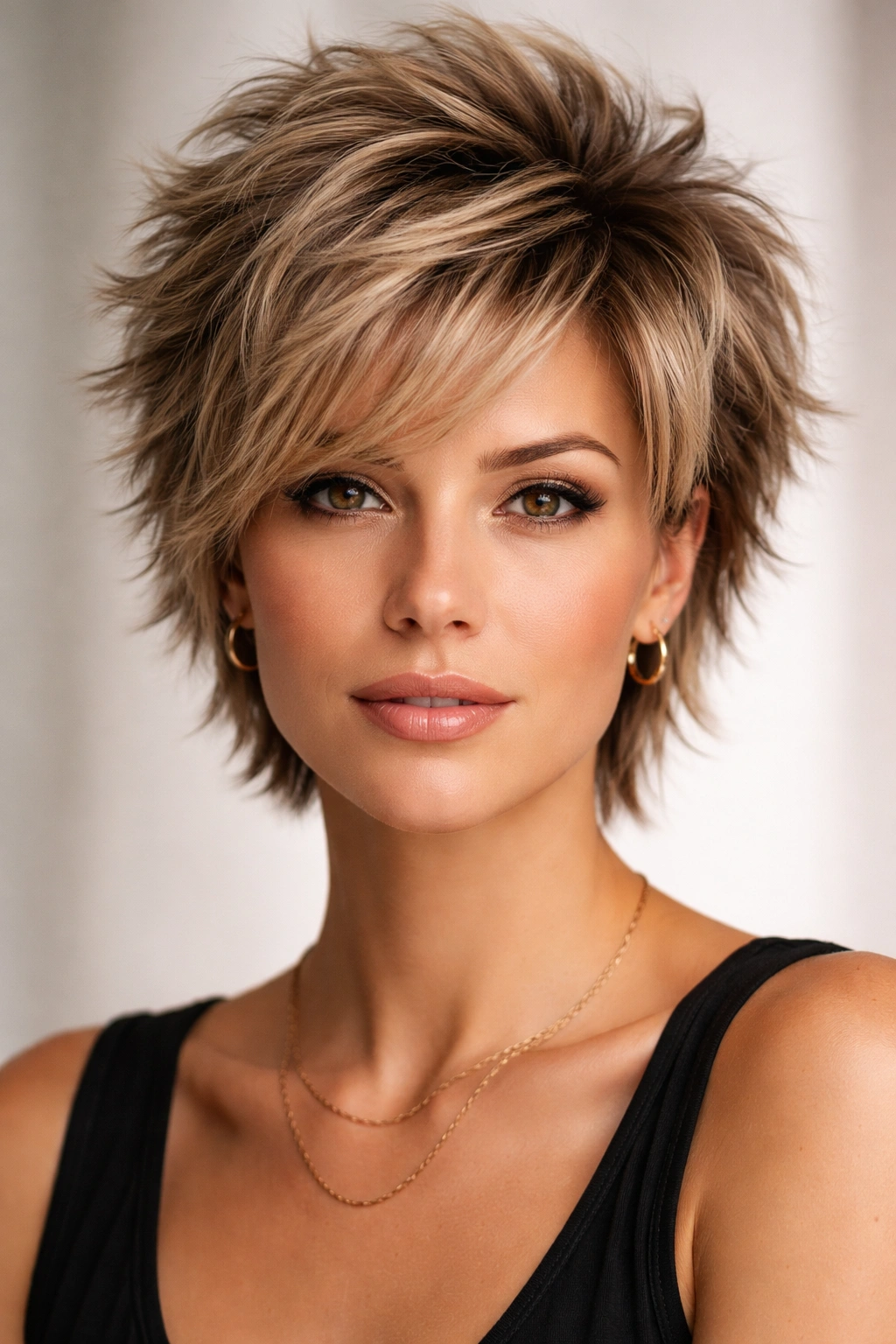 Voluminous crown with feathered sides on a model’s short hairstyle.