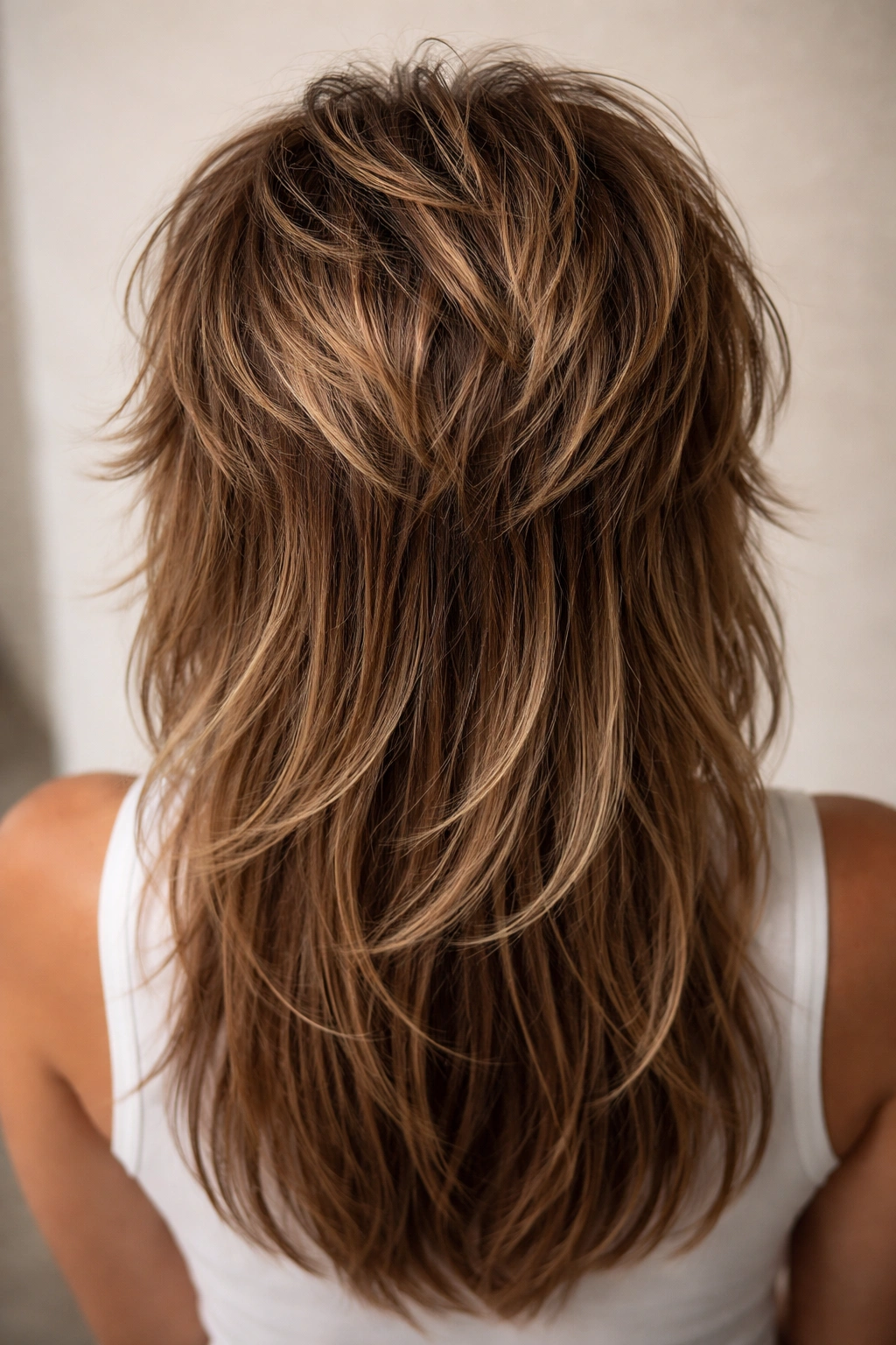 Top-view close-up of hair with textured crown and long underneath
