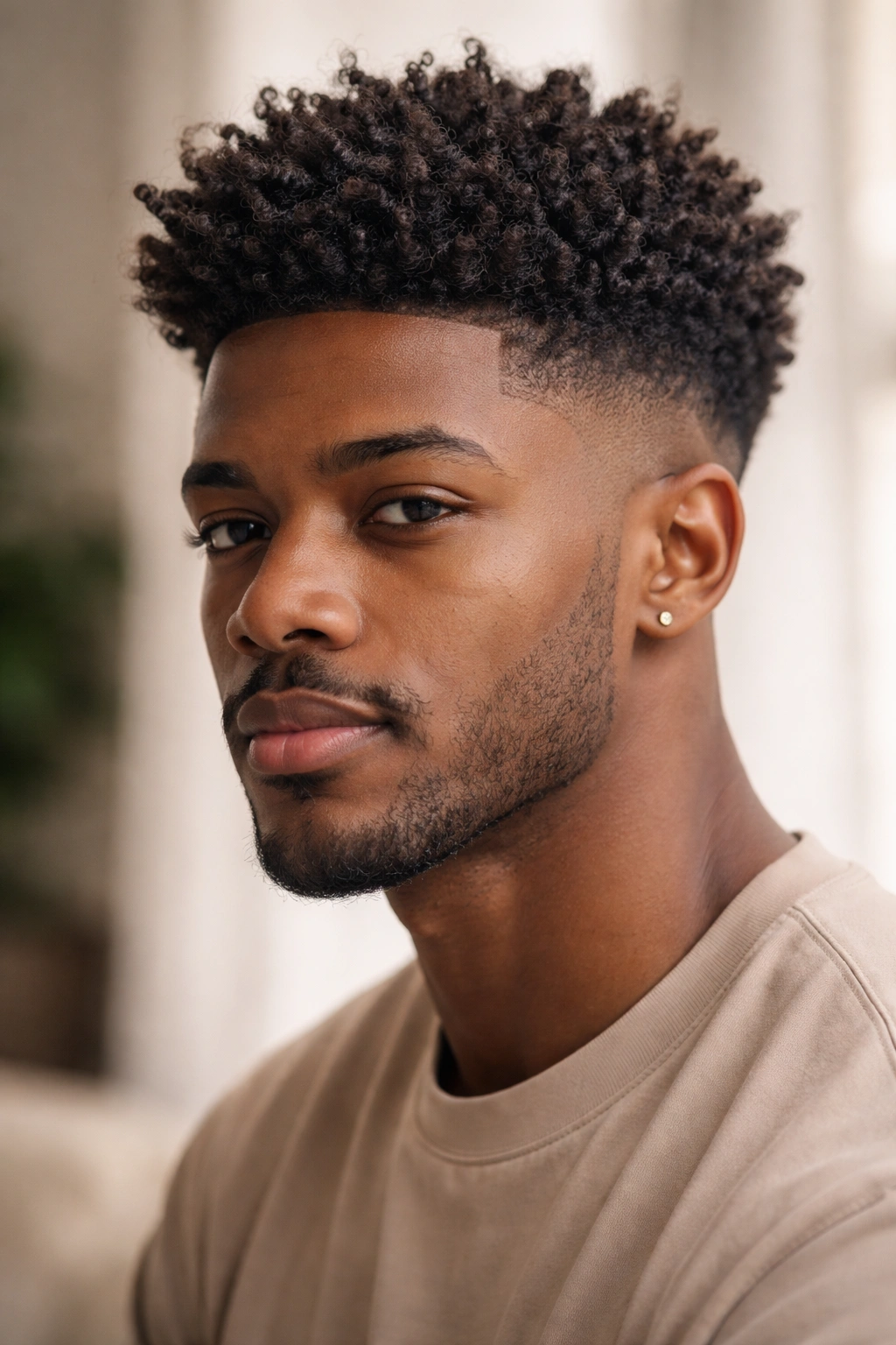 Full-head view of a textured crown afro with a natural fade on the sides